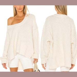 NWT $128 Free‎ People [ Small ] Blue Bell V-Neck Oversized Sweater in Ivory